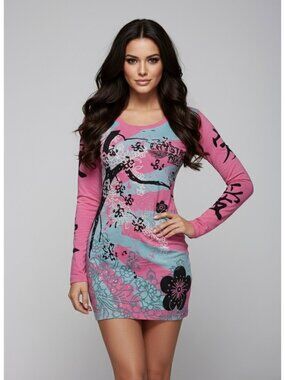 NWT Ltd Ed Crystal Rock Christian Audigier Pink Rhinestone Dress | Y2K McBling